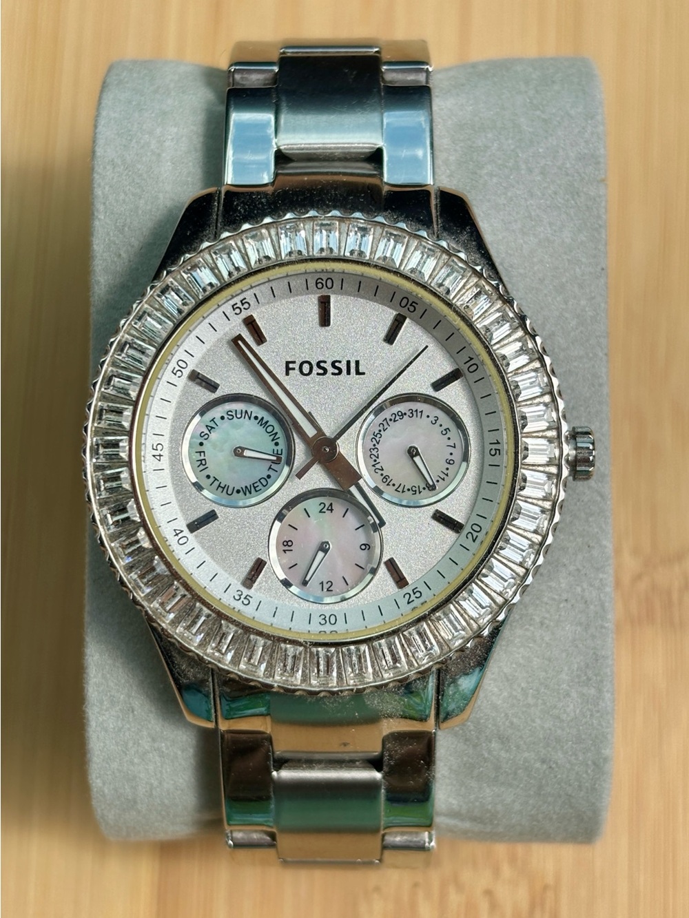 Fossil Silver Tone Multi-Function Stainless Steel Watch Crystal Baguette 38mm - Picture 15 of 15